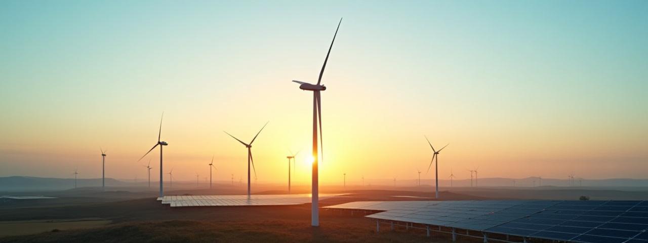 Panoramic view of modern wind turbines and solar panels at sunset, representing renewable energy innovation.